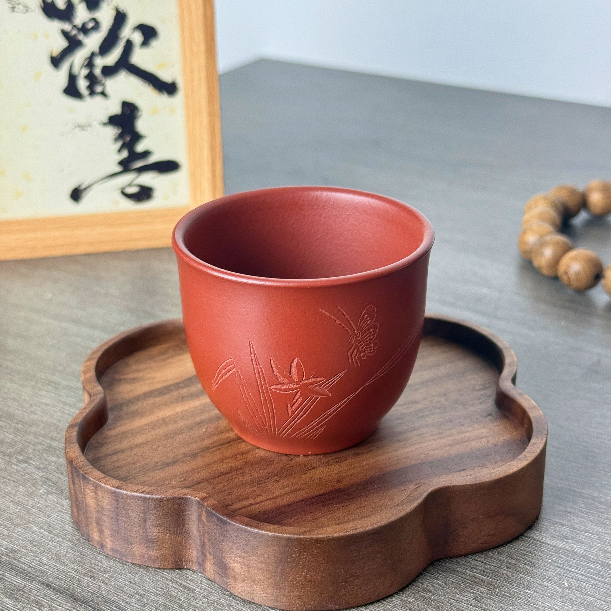 宜兴紫砂管庆飞手绘兰花蝴蝶小口杯原矿赵庄朱泥茶杯100ml