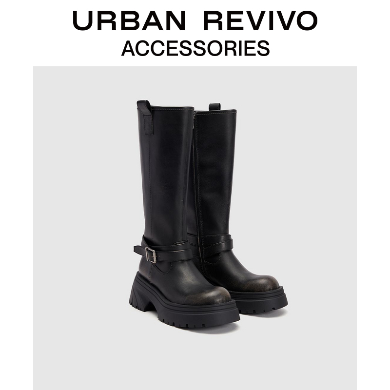 URBAN REVIVO女士复古擦色皮带扣长靴UAYS40011