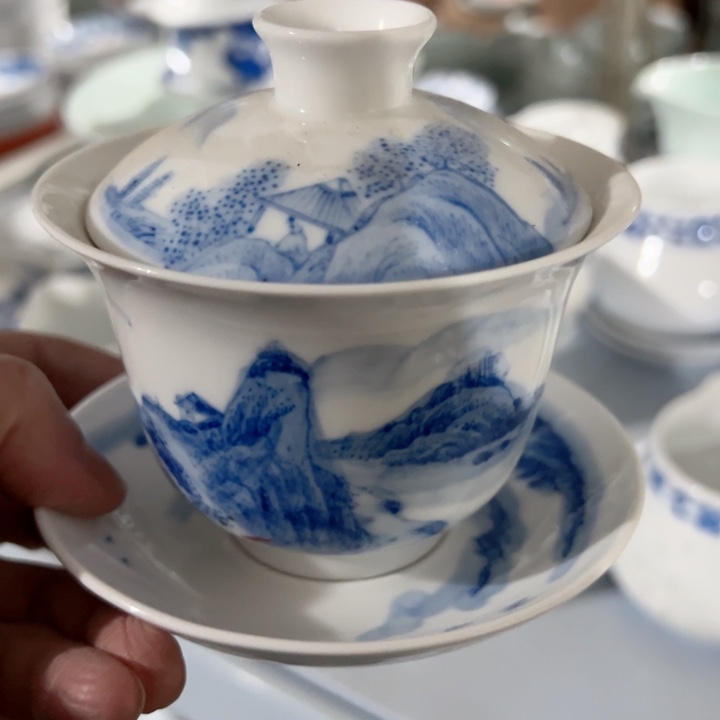 杯手绘山水盖碗一个陶瓷