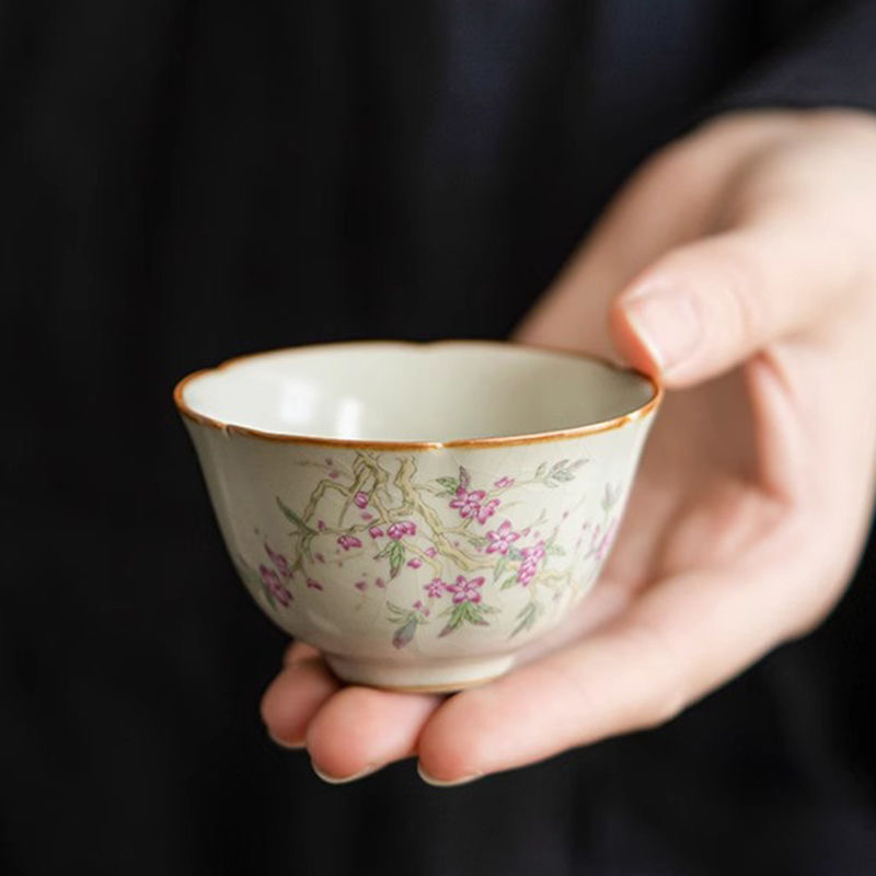 陶瓷古汝泡茶客杯茶杯茶具花口杯品茗杯单个主人杯水杯家用可开片