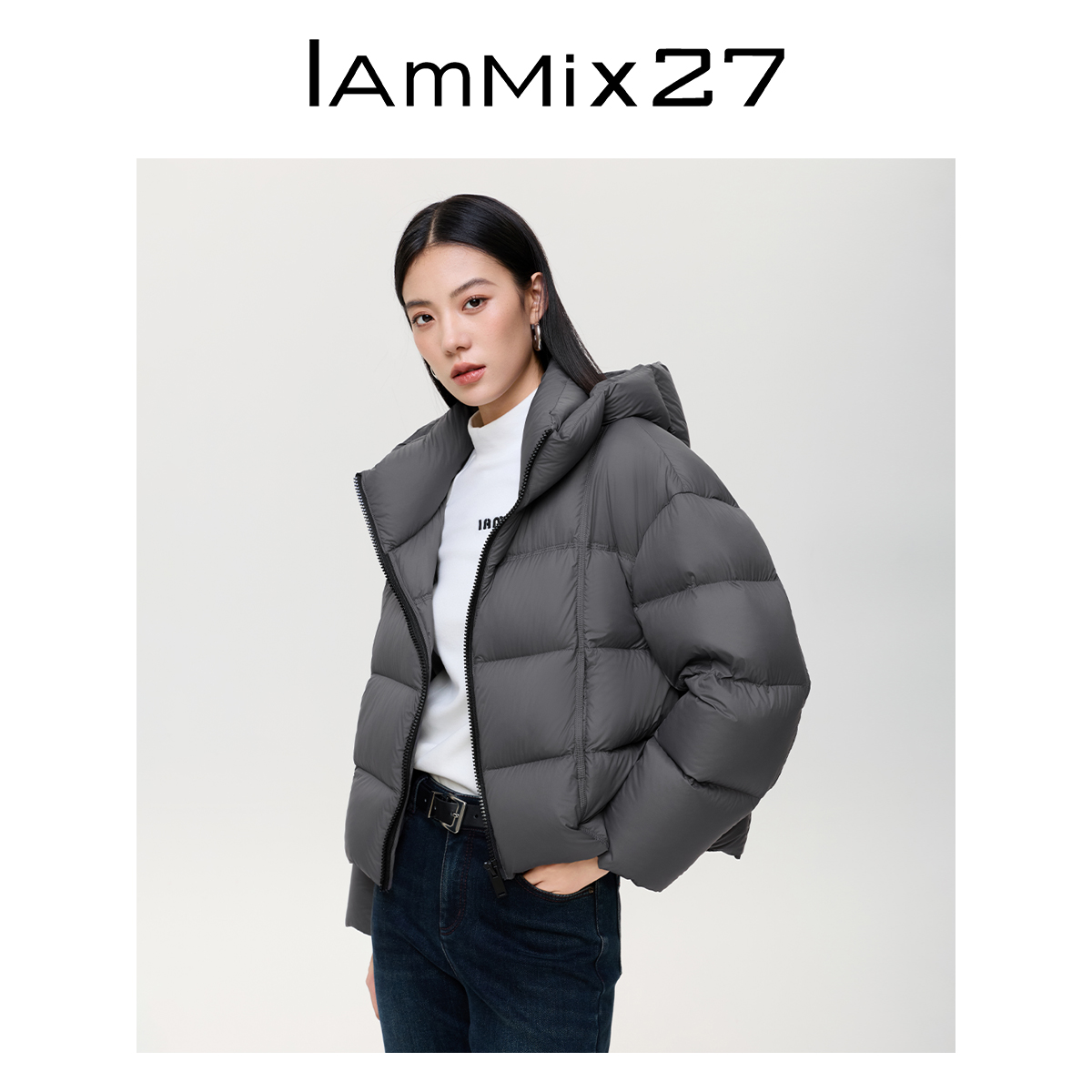 Iammix27秋冬纯色宽松保暖连帽羽绒服Z5D0029