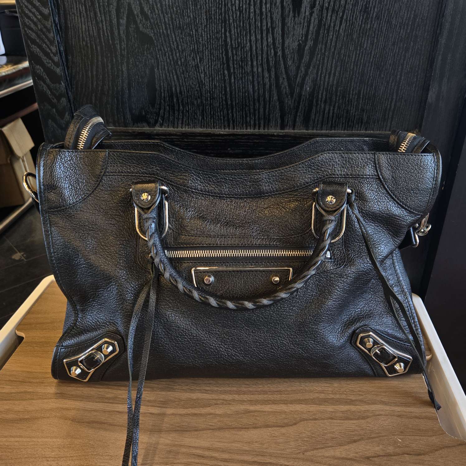 99新 Balenciaga/巴黎世家 黑金机车中号手提单肩斜挎包