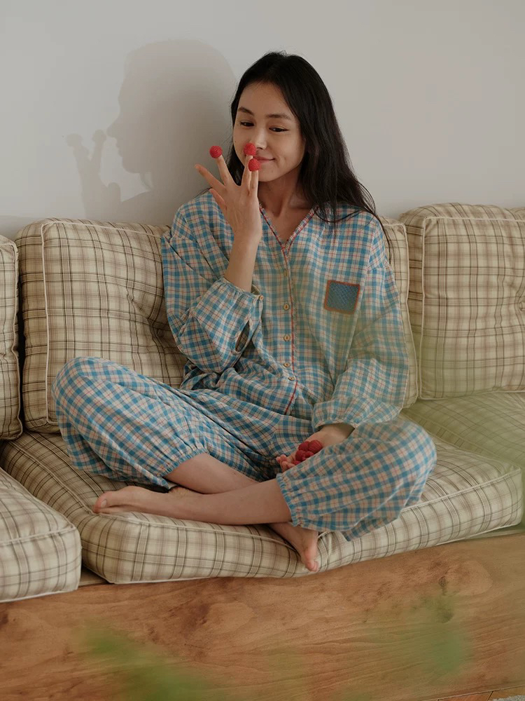 251-008 朵朵可可睡衣女2025春夏新款棉麻甜美格纹长袖长裤家居服