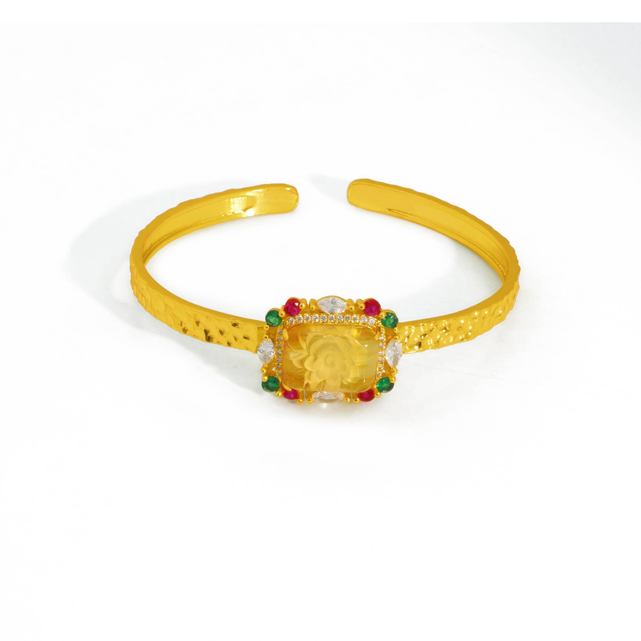 【周杰甄选】花开富贵碎碎冰蜜蜡合金镶嵌开口手镯【YBA16】