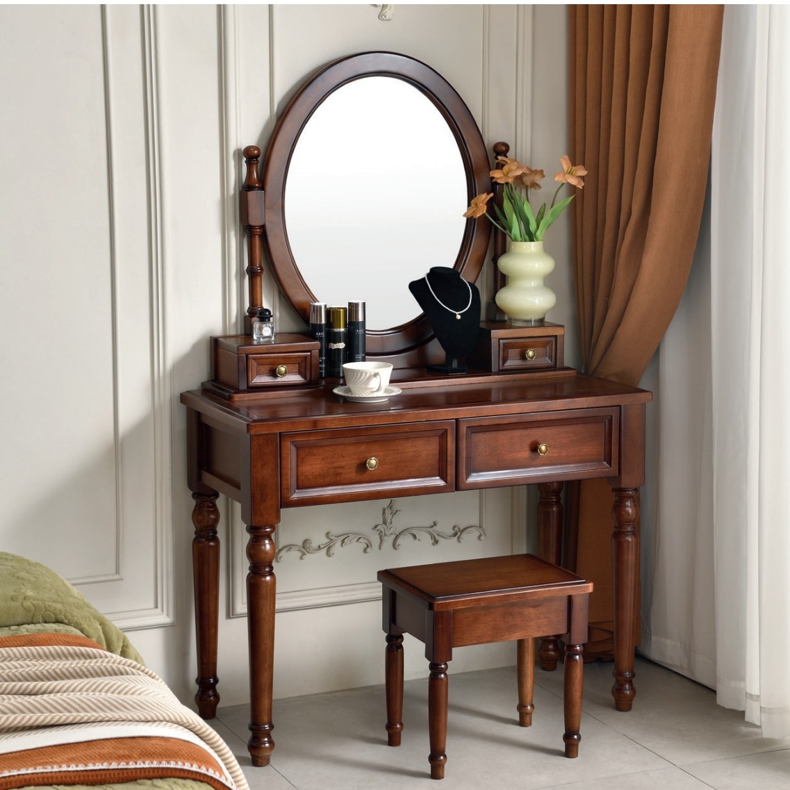 美式实木梳妆台轻奢化妆桌现代简约化妆台复古收纳柜床拉萨发货