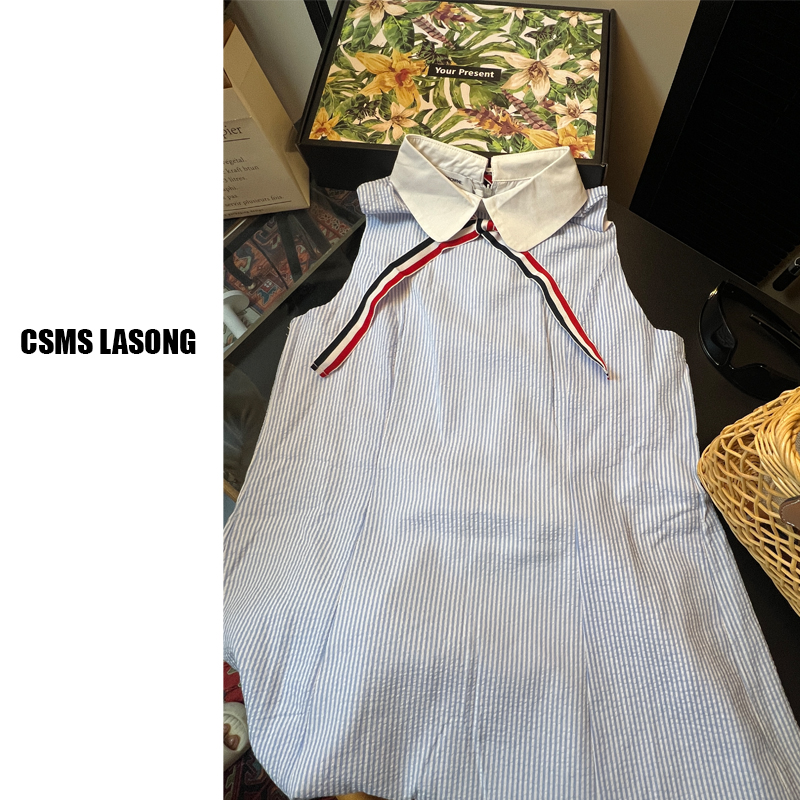 夏季新款连衣裙浅蓝色显瘦条纹撞色设计感减龄穿搭学院风无袖