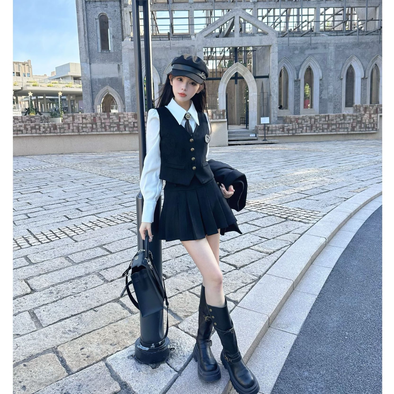 冬季【韩妹】真两件高级感叠穿马甲微收腰气质显瘦女套装