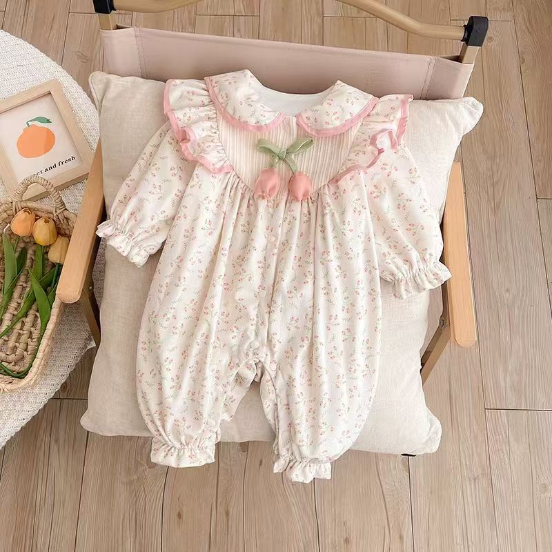 婴幼儿春秋长袖郁金香花边领女宝双层连体衣