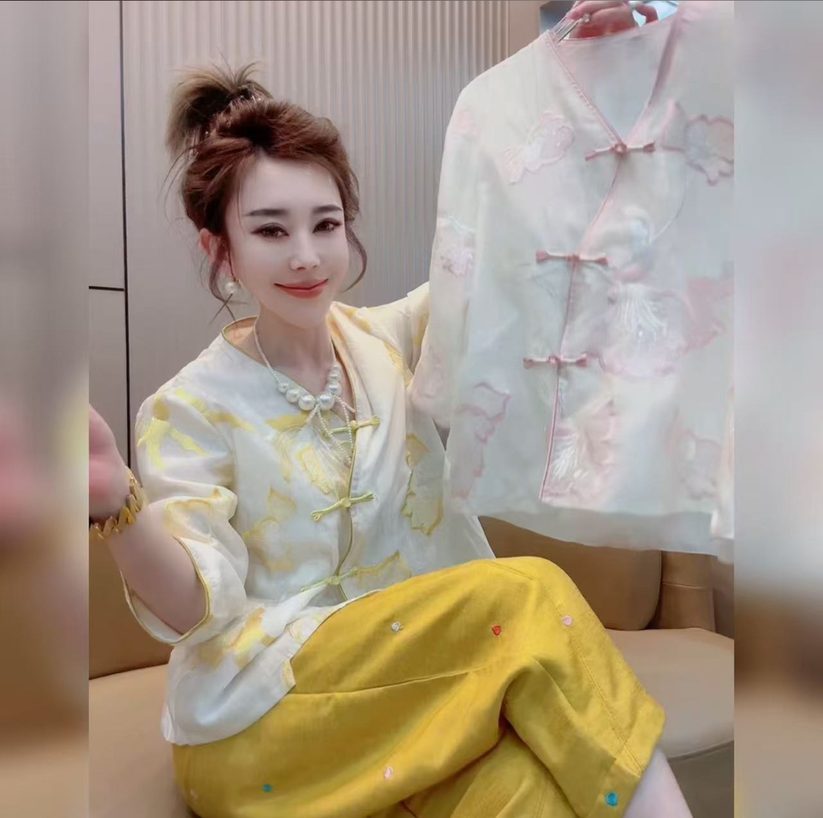 2025夏季新款兰花刺绣上衣9分袖时尚气质中式