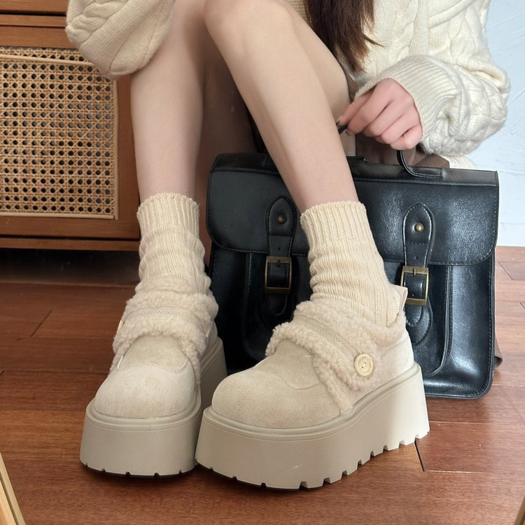 白色复古增高厚底加绒雪地棉鞋女冬2025新款加厚保暖毛毛勃肯鞋子