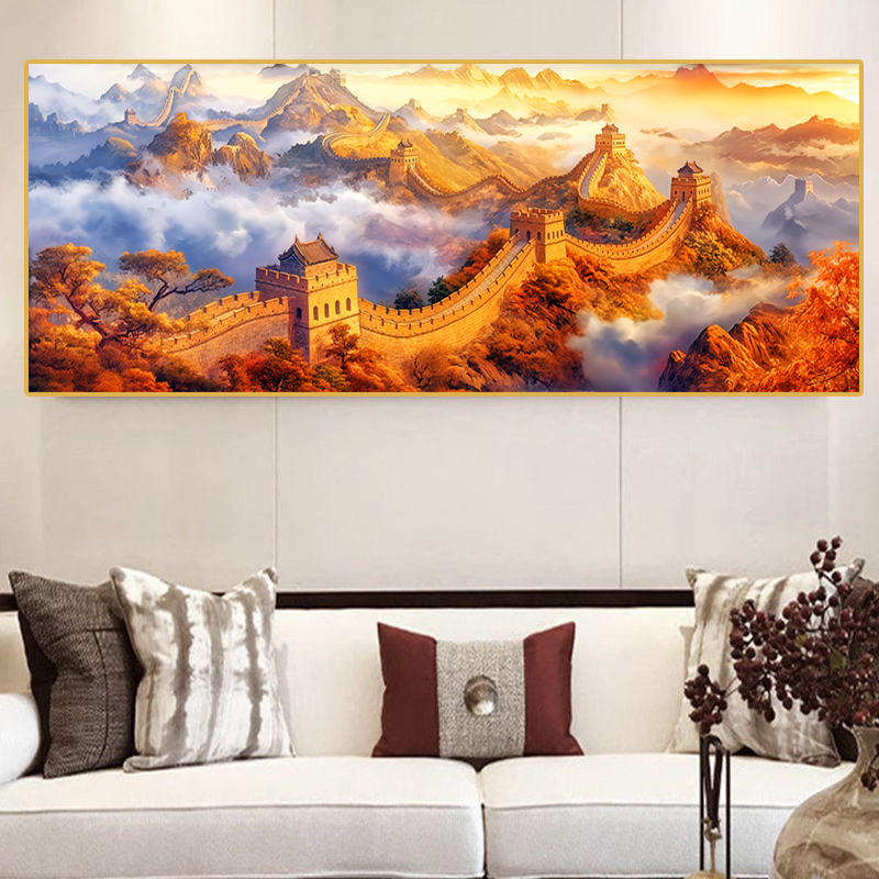 6381-横版金色长城平面晶瓷挂画沙发背景墙办公室大气装饰画