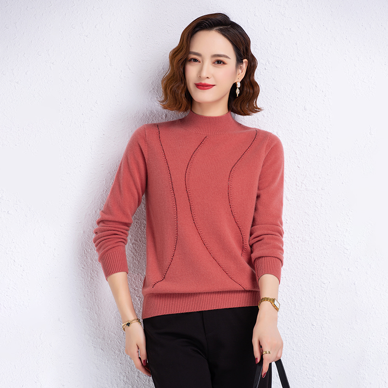 【100%绵羊毛】2024秋冬季洋气半高领镶钻羊毛衫上衣保暖中年打底衫