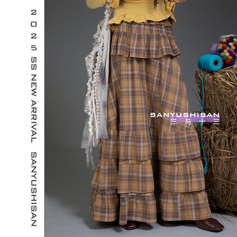 三与十三|粗布格子|复古显瘦百搭高腰显瘦格纹荷叶边设计感半身裙