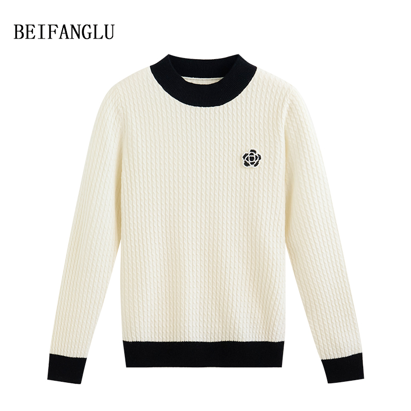 北方鹿【山茶花小香】100%绵羊毛 气质绞花手工花朵钉珠羊毛衫2872