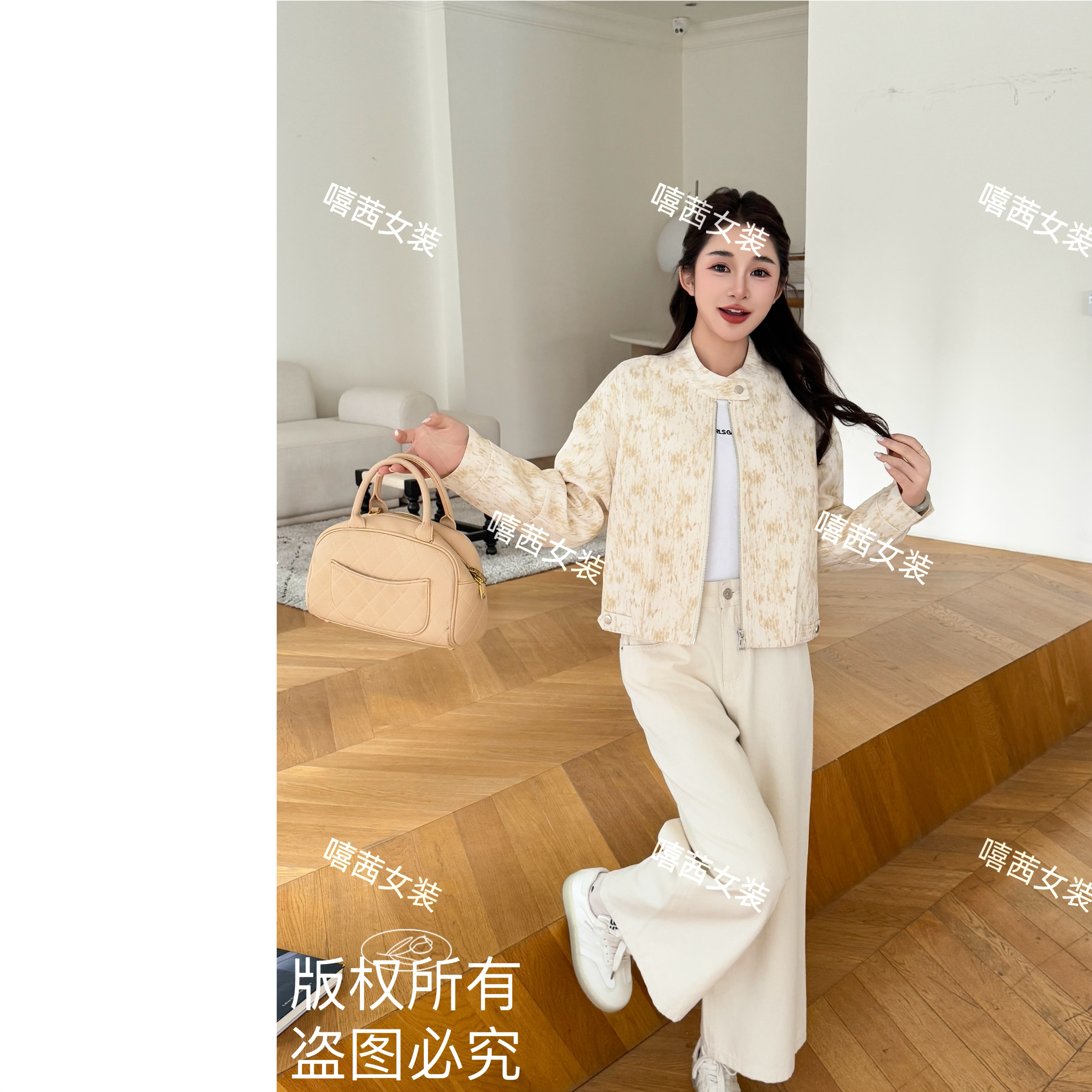 【嘻茜】~米兰~2025春季新品时尚开衫休闲印花夹克棒球服短款外套