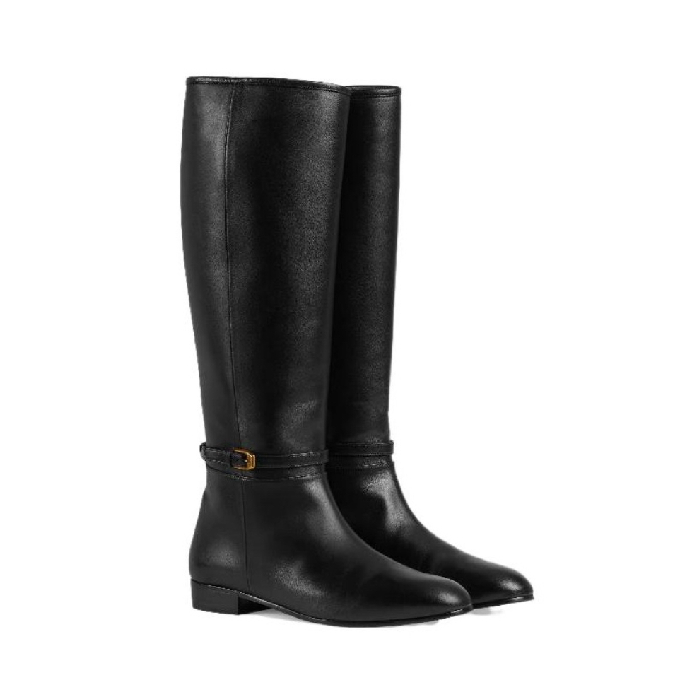 未使用 GUCCI/古驰 全新女款 黑色高筒靴金色方扣平底长靴 多尺码