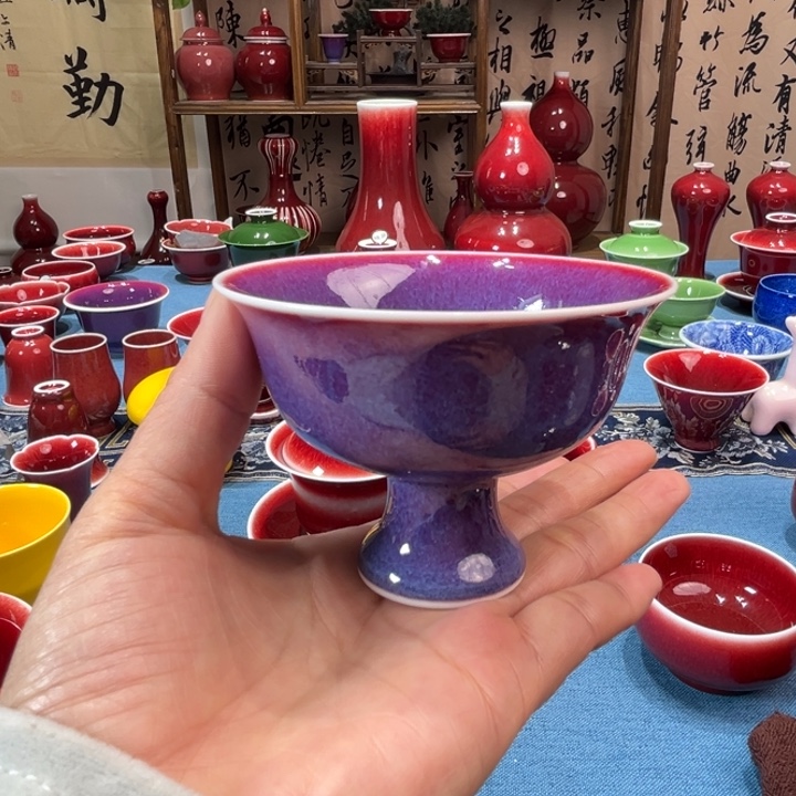 景德镇陶瓷浅行窑玫瑰紫高脚杯