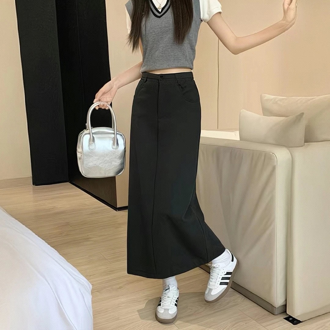 新款大码A371气质高腰直筒包臀半身裙显瘦开叉a字中长裙