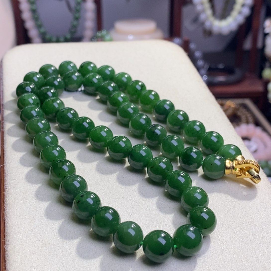 和田玉碧玉老矿料高冰菠菜绿圆珠项链10m未镶嵌