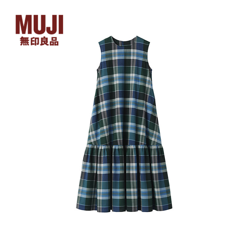无印良品 MUJI 女式 马德拉斯格纹 无袖连衣裙 女装裙子夏季