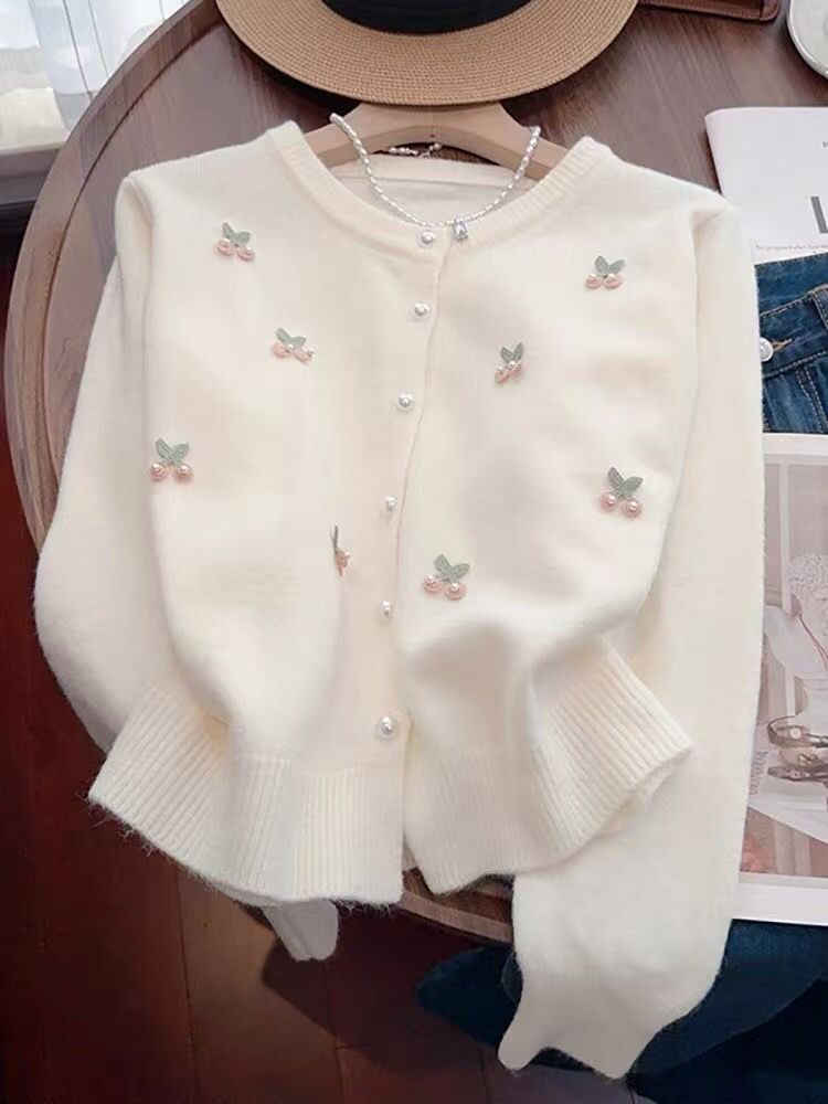 大码甜美针织钉珠开衫胖mm遮肉显瘦外套