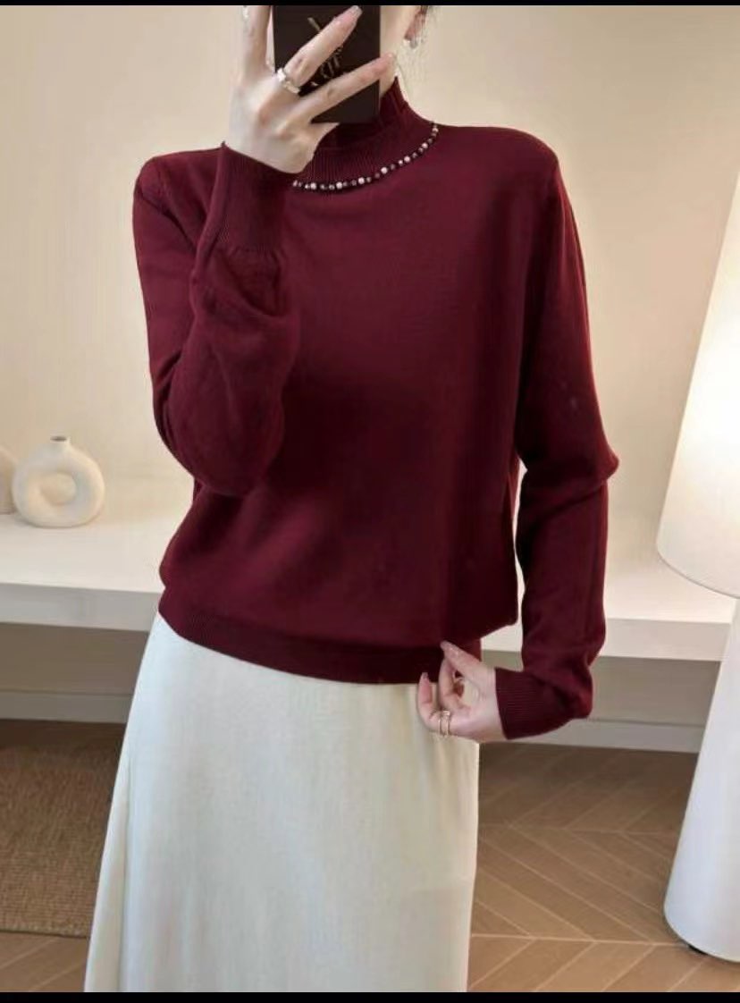 高端手工钉珠立领针织衫百搭打底套头毛衣秋冬新款