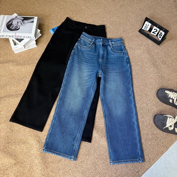 qgg女装冬季新款加绒四面弹高腰九分窄版直筒牛仔裤 88980