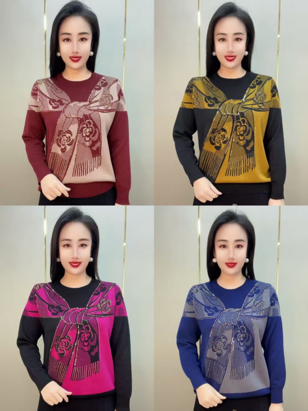 8123款圆领玫瑰花披肩套头针织衫