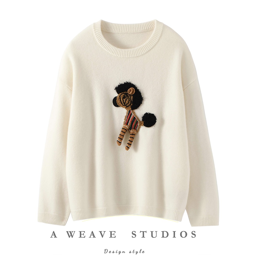 100%纯山羊绒针织长袖休闲风韩系圆领套头毛衣手缝羊绒衫白色时尚