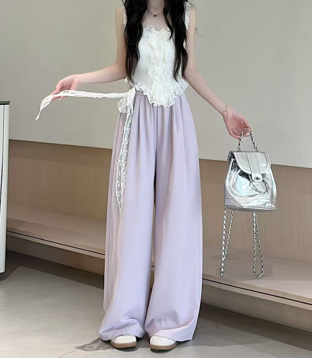 蕾丝花边拼接抽绳女款春夏高腰垂感显瘦拖地阔腿裤