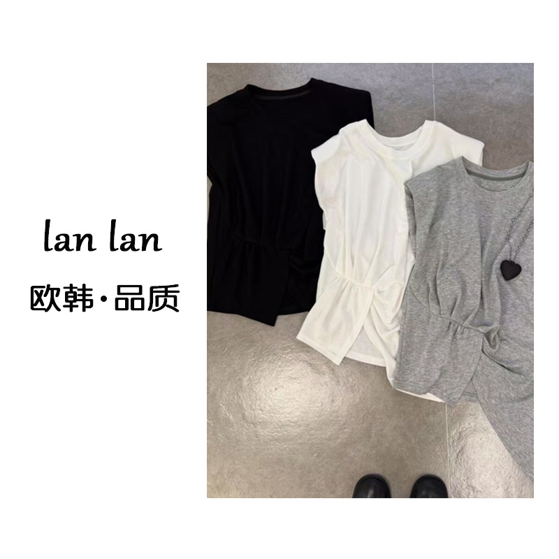 lanlan-夏上新【无袖侧腰褶皱】韩版小众设计无袖T恤侧腰褶皱短袖