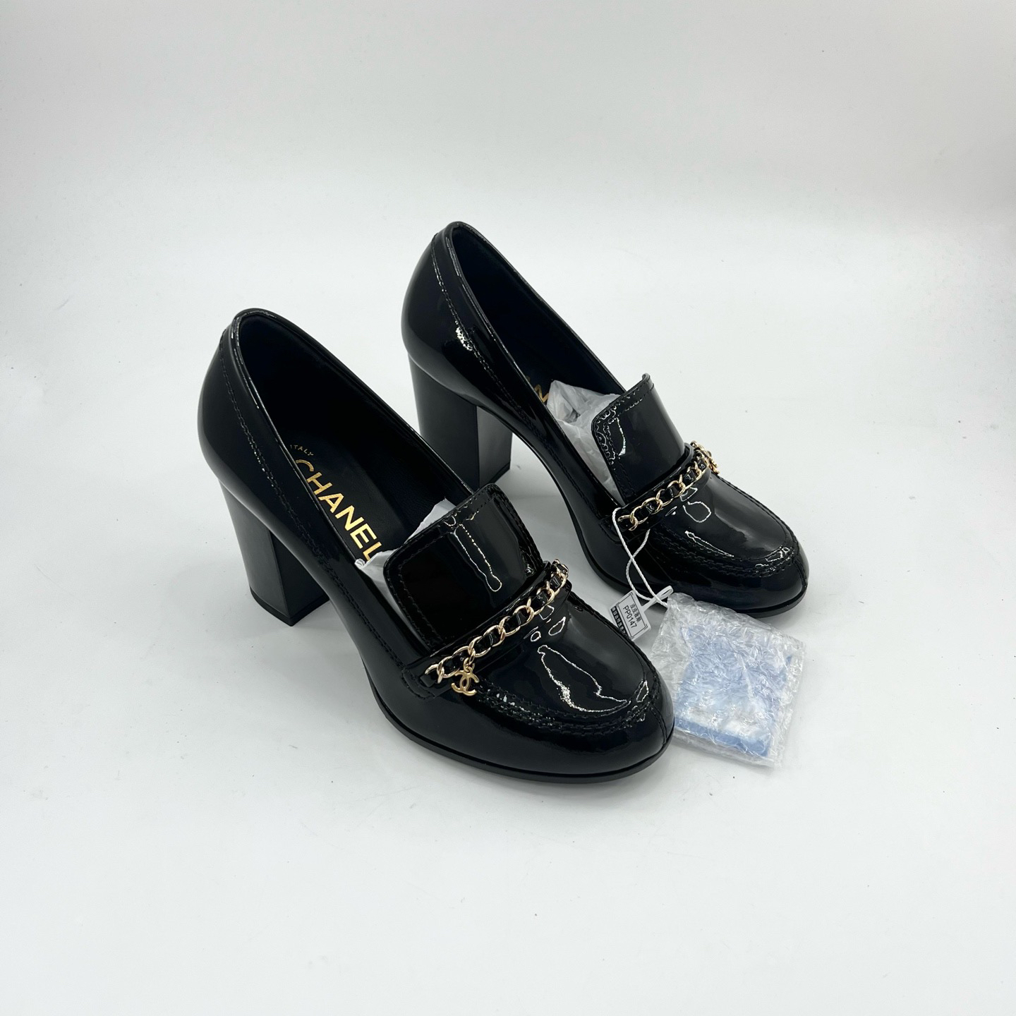 未使用 Chanel/香奈儿 36码/粗跟锁链双c高跟玛丽珍鞋/pp0147