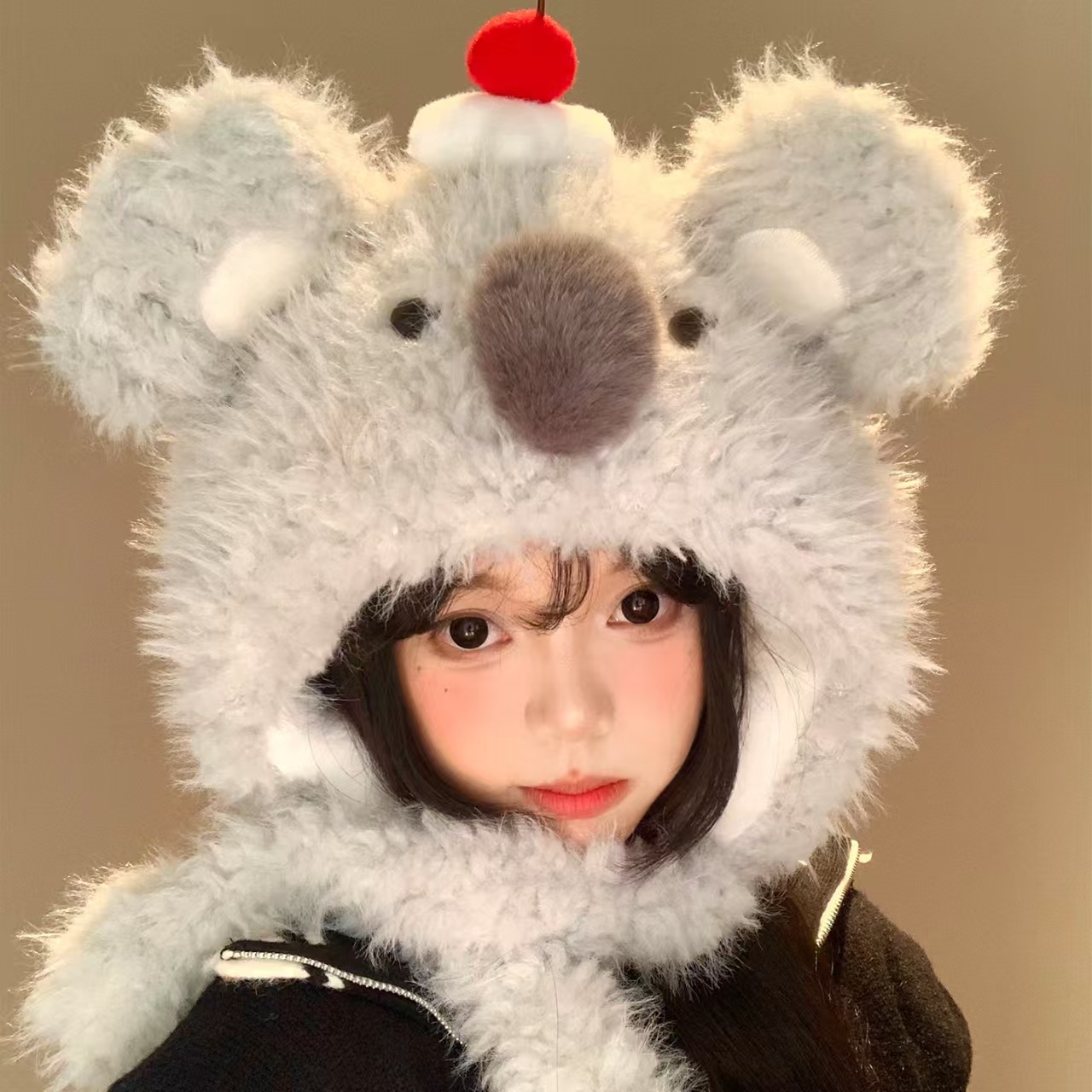 可爱动耳考拉毛绒帽子女秋冬保暖加绒加厚大头围护耳雷锋帽 百搭