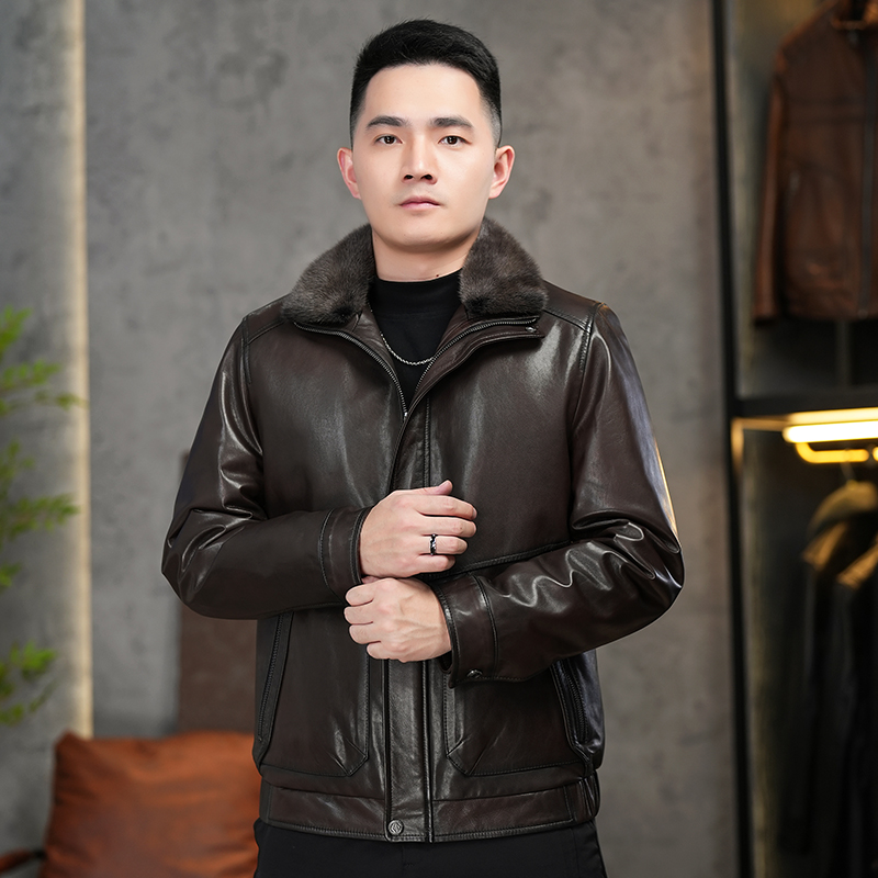 男士山羊皮水貂内胆真皮夹克外套可脱卸内胆貂皮大衣海宁高档皮衣