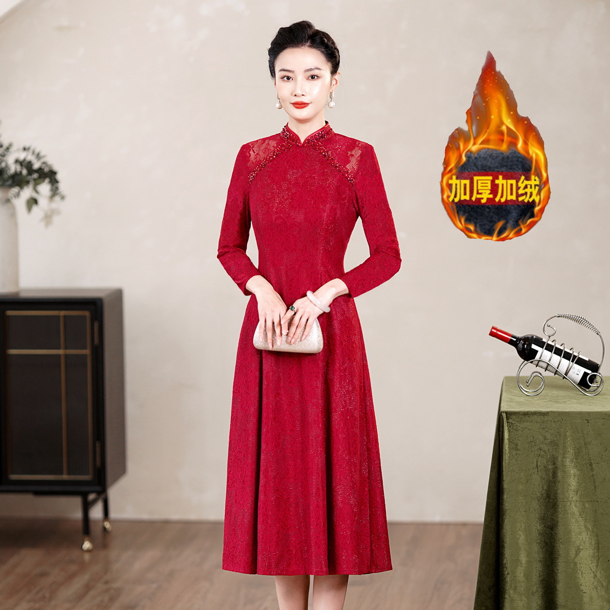 加绒加厚蕾丝A摆旗袍礼服裙喜妈妈中国风改良大摆中长订婚宴服装M