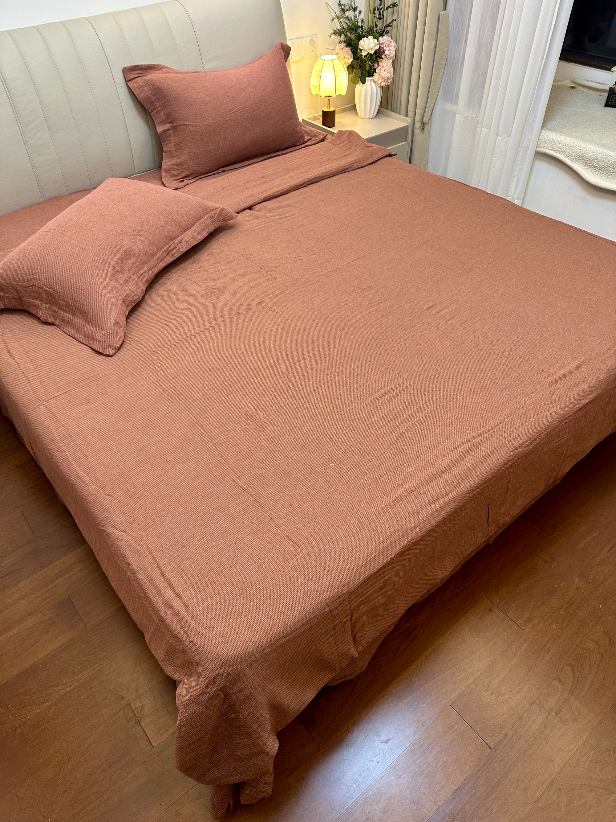 87-     千鸟格红  中高端撤柜款纯棉双层纱套件  四件套