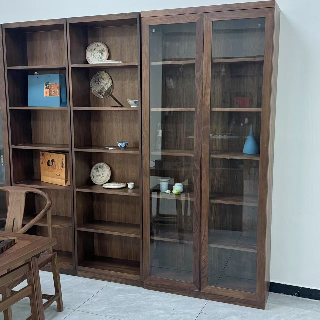 北美黑胡桃木樱桃木全实木现代中式带灯高柜书房展示柜茶柜客厅柜