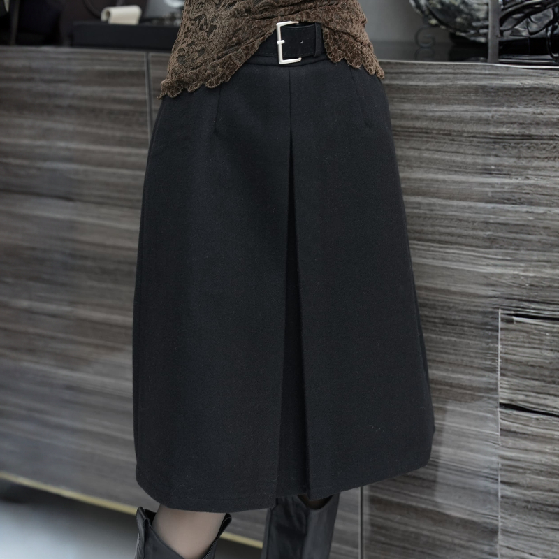 POPULARYW【简叙】高级感简约配腰带韩系高腰毛呢半身裙