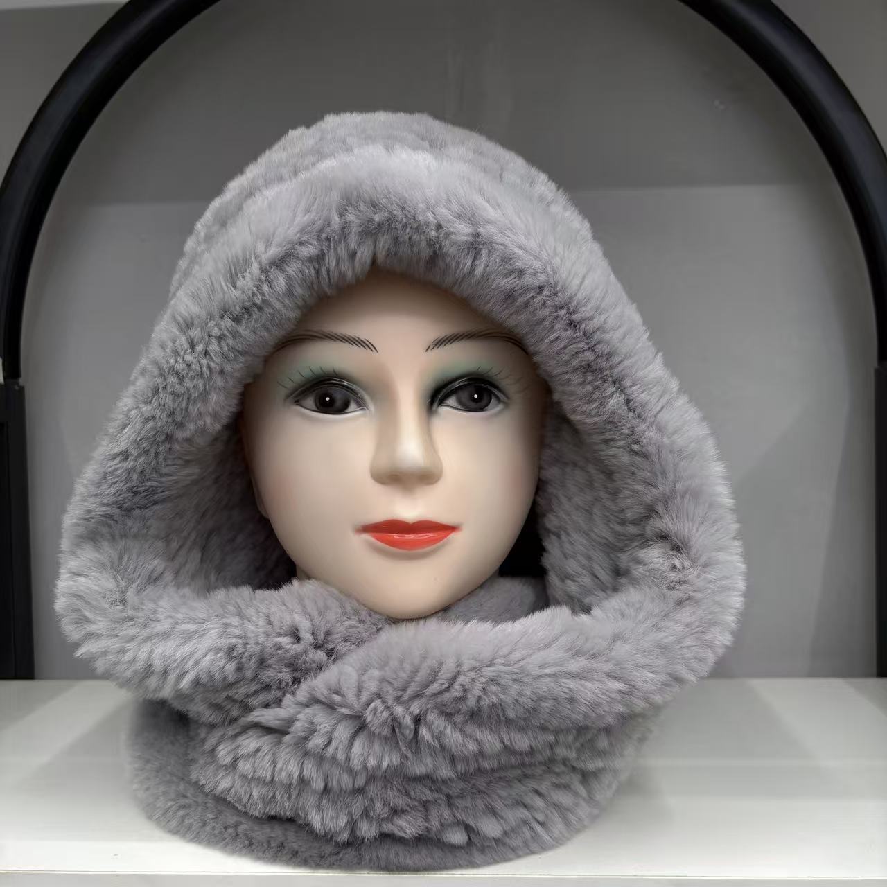 獭兔毛加厚编制风雪毛女围巾帽子一体冬季保暖皮草毛毛全包护耳帽