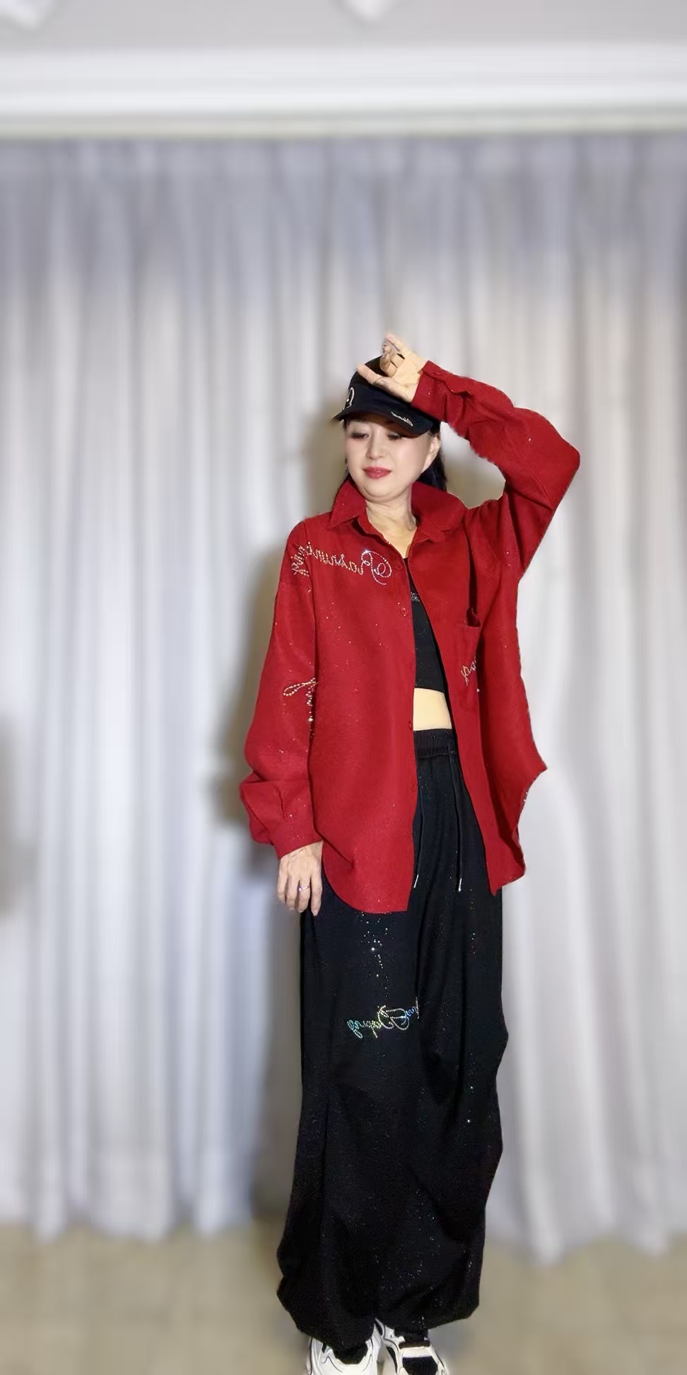 斜纹烫钻方领设计感宽松型秋冬长袖衬衫亮片5566