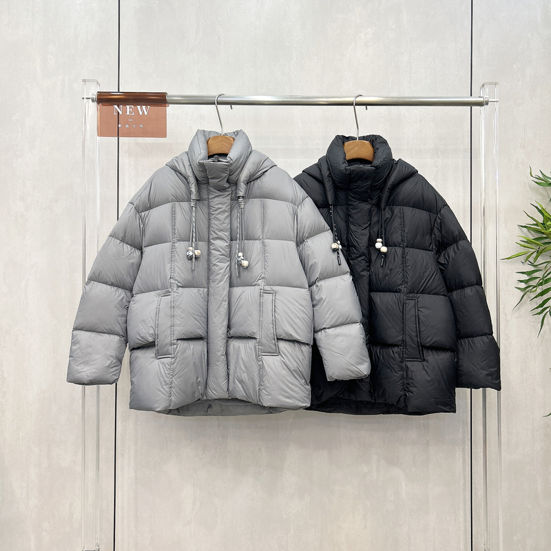 连帽方格羽绒服女冬季新款韩版宽松简约气质白鸭绒面包服外套7866