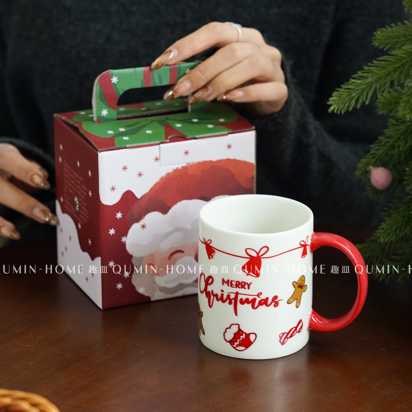 【趣皿】卡通圣诞马克杯-白底红柄