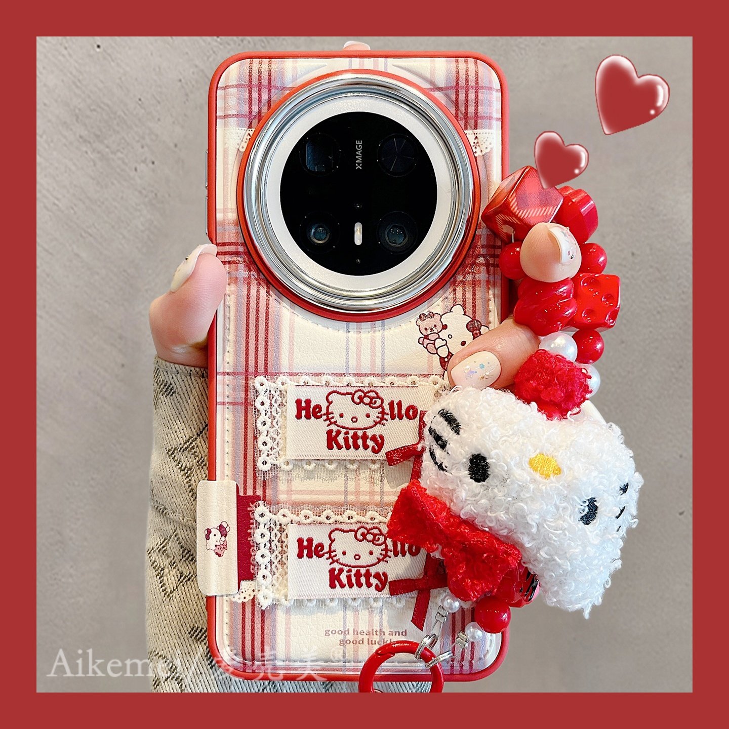 适用华为mate80promax手机壳红皮质格纹mate70pro+立体蝴蝶结kt猫