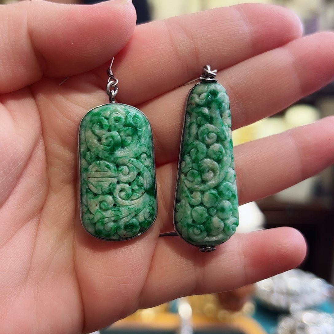翡翠耳饰银S925镶嵌暗**醺古风
