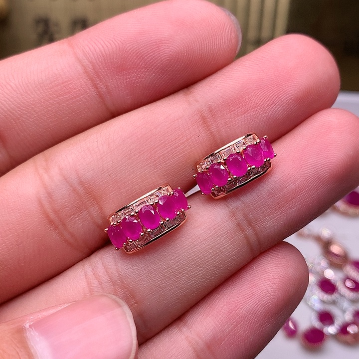 红宝石耳饰银S925镶嵌