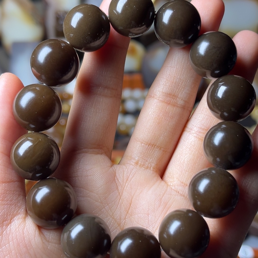 和田玉（糖玉）手链未镶嵌黑糖16圆珠手串