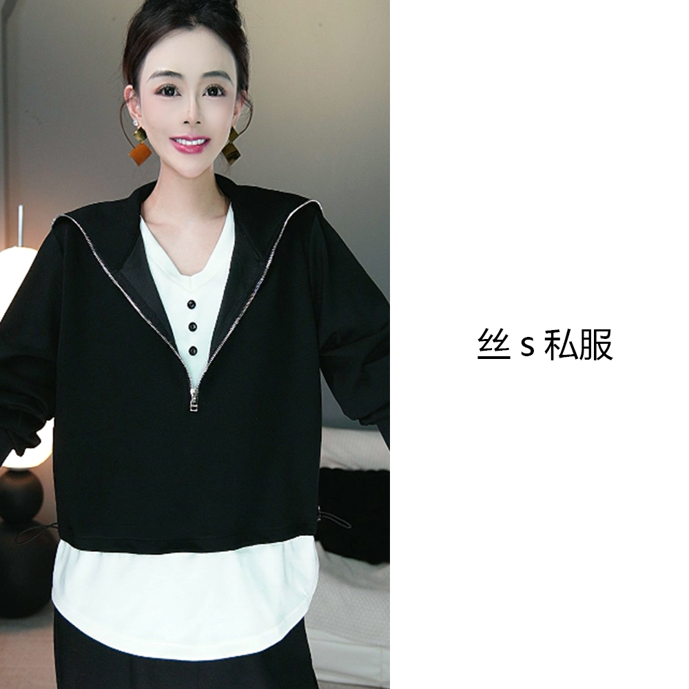 丝s私服【日常序章】休闲时尚显瘦长袖初秋拼接百搭假两件上衣F5614