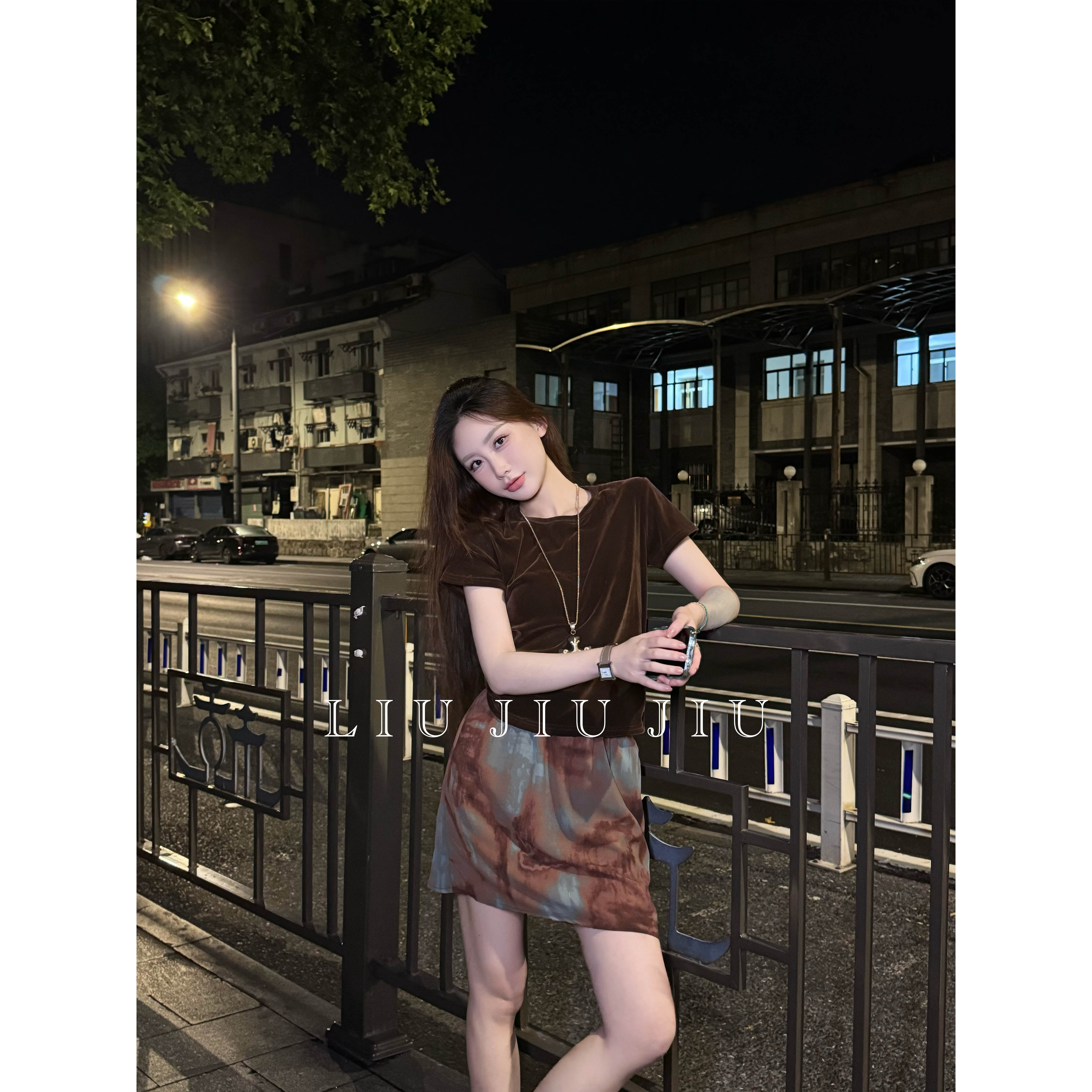 LIUJIUJIU 复古晕染印花半身裙夏季气质时尚显瘦半裙BQ4241L