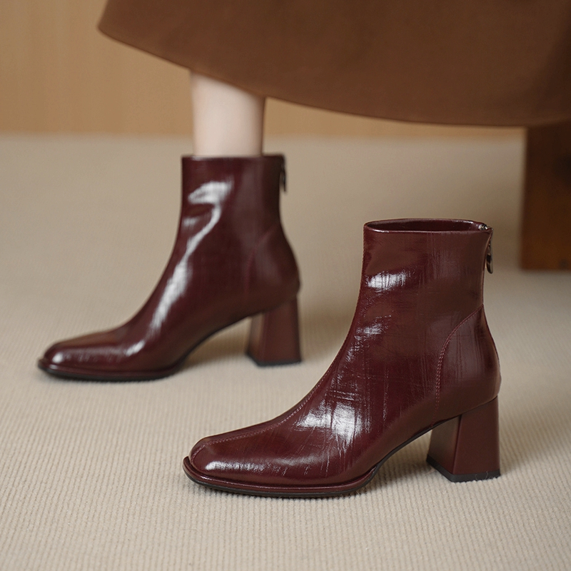 牛皮6cm酒红色高跟时尚短靴女秋冬真皮百搭马丁靴方头粗跟单靴