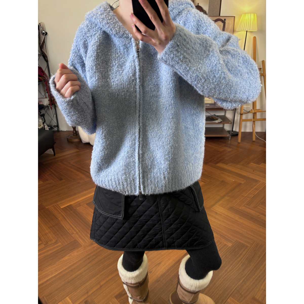 韩系圈圈纱拉链连帽毛衣外套女2025秋冬新款温柔风宽松针织开衫潮